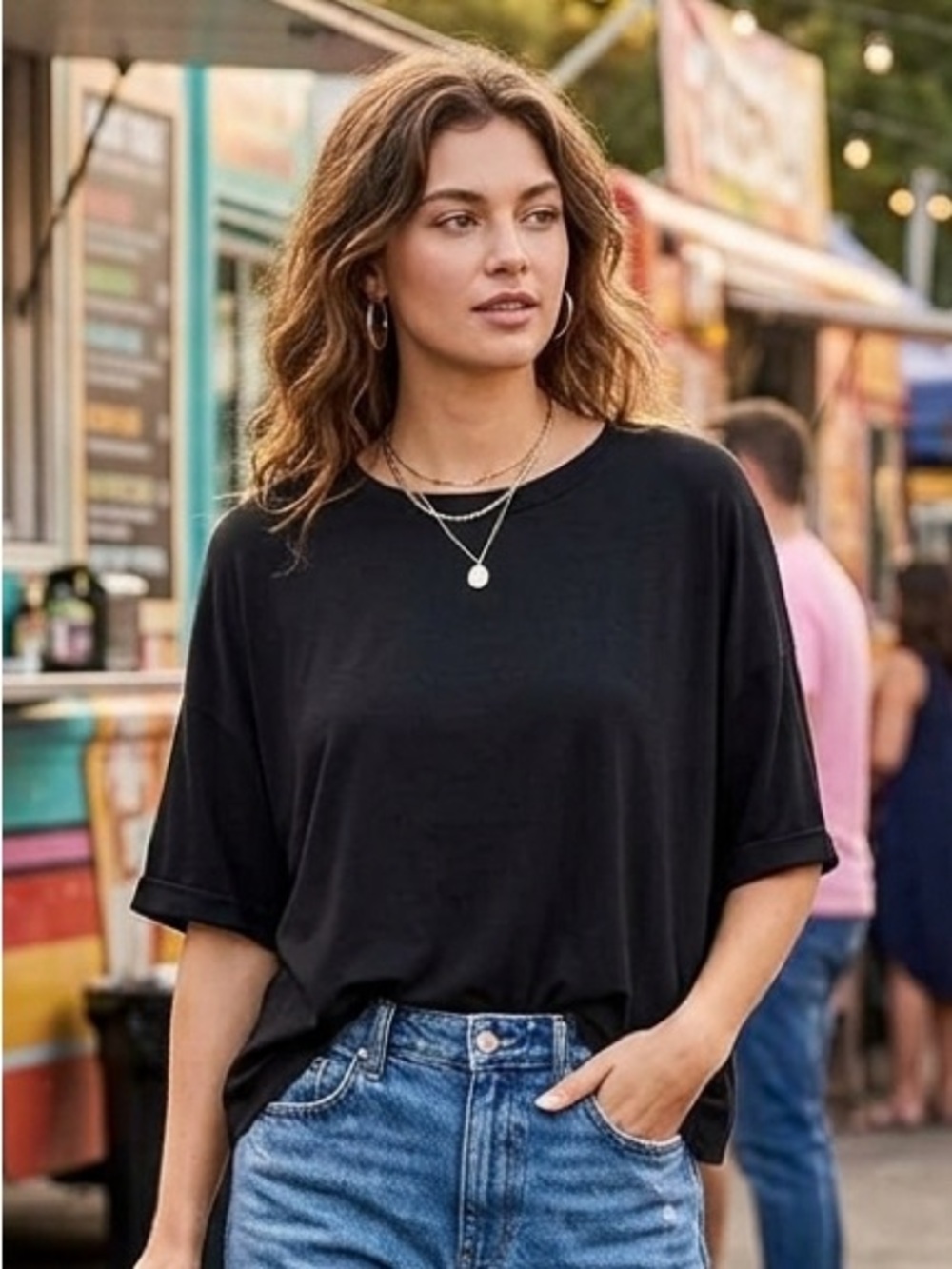 C’Est Moi Women’s Black Boxy Oversized Relaxed Short-Sleeve Tee